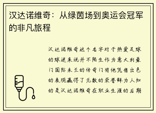 汉达诺维奇：从绿茵场到奥运会冠军的非凡旅程