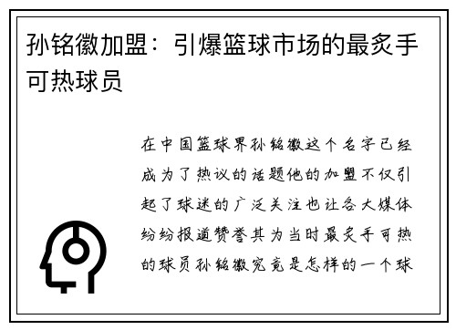 孙铭徽加盟：引爆篮球市场的最炙手可热球员